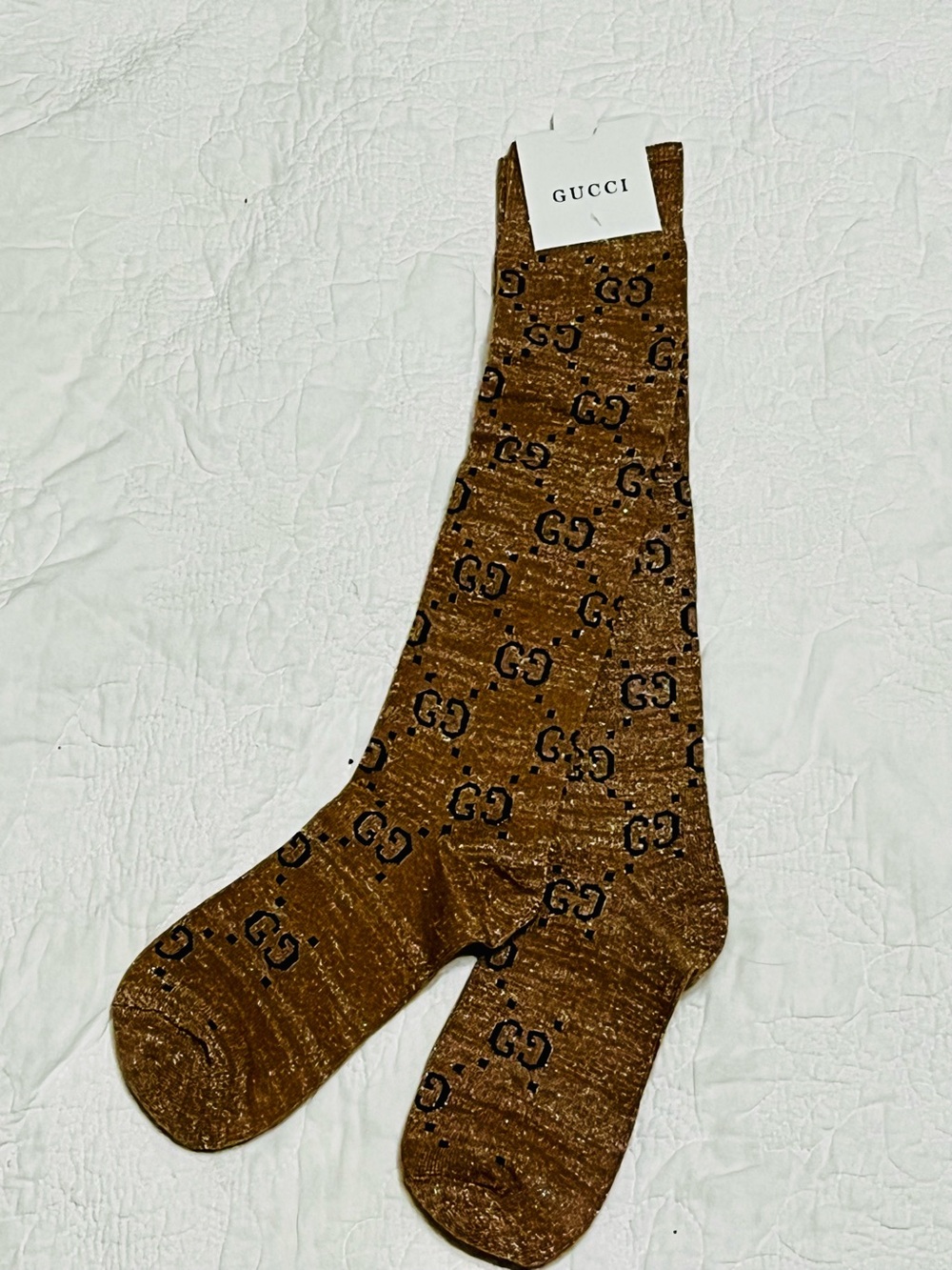 Gucci. Light Beige Brown Shiny Sparkle Metallic Knee High Black Letter Socks